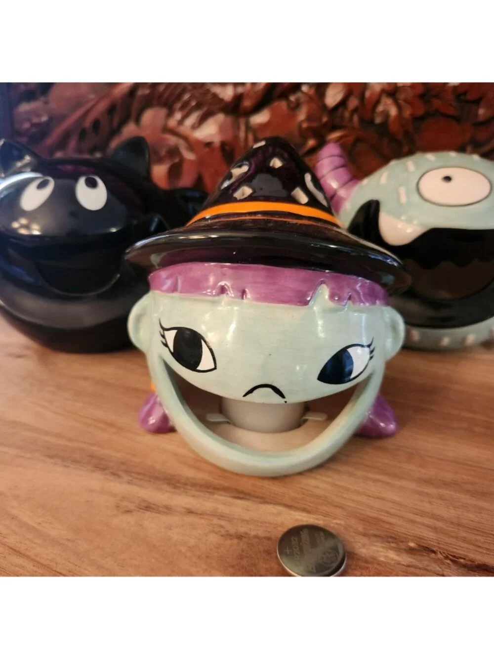 Set Of 3 Ceramic Halloween Tealight Holders - Witch Cat & Monster Designs
